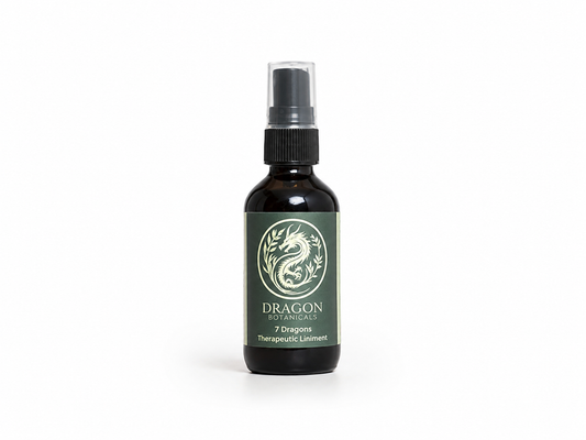 7 Dragons Dit Da Jow herbal liniment 4 oz glass bottle, front label on white background