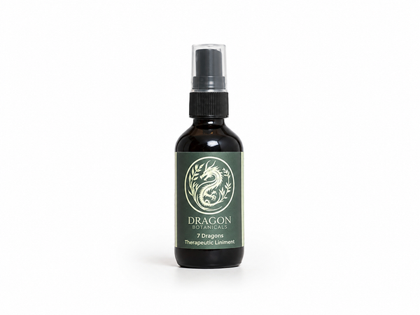 7 Dragons Dit Da Jow herbal liniment 4 oz glass bottle, front label on white background