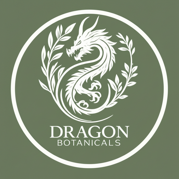 Dragon Botanicals logo with a dragon design and leaves on a white background